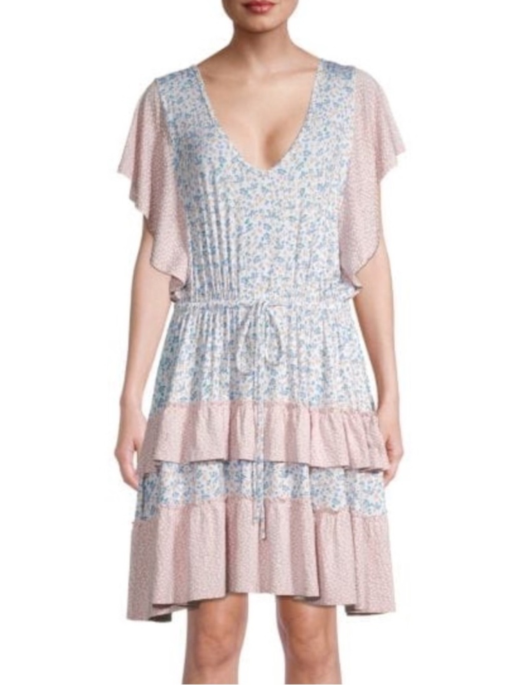 Stitchdrop Cottage Bloom Flutter Sleeve Mini Dress Blue Pink floral stretchy